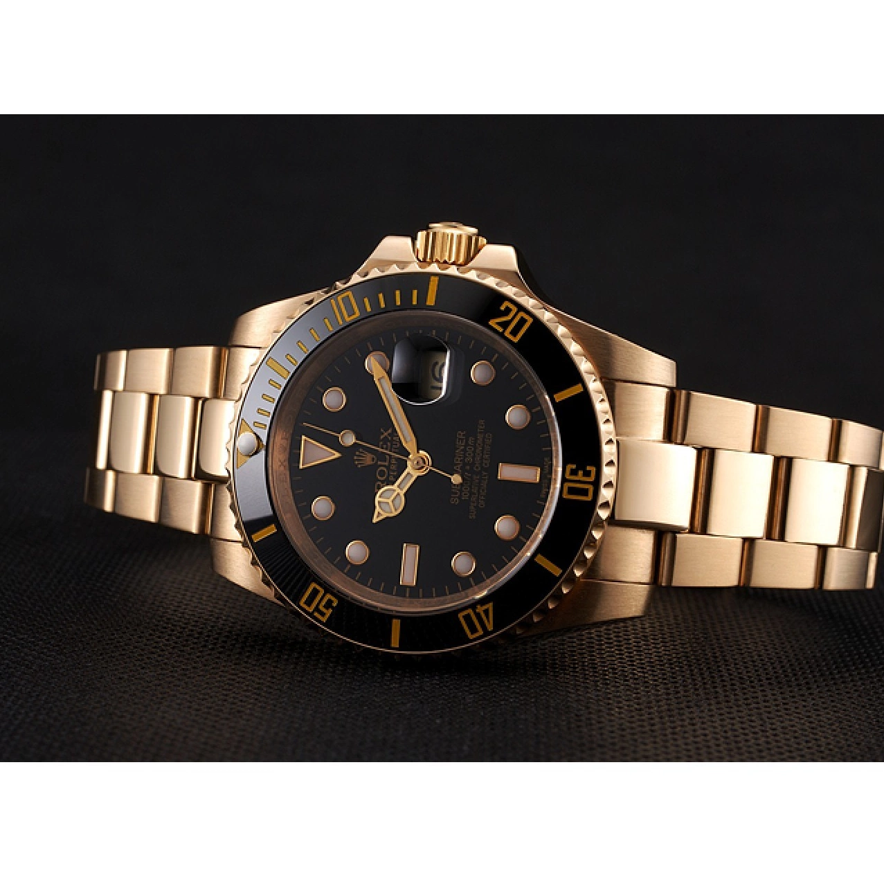 Aaa fake watches Gold Black Rolex Bracelet Yellow Submariner Black Swiss And Bezel Case Dial 0607